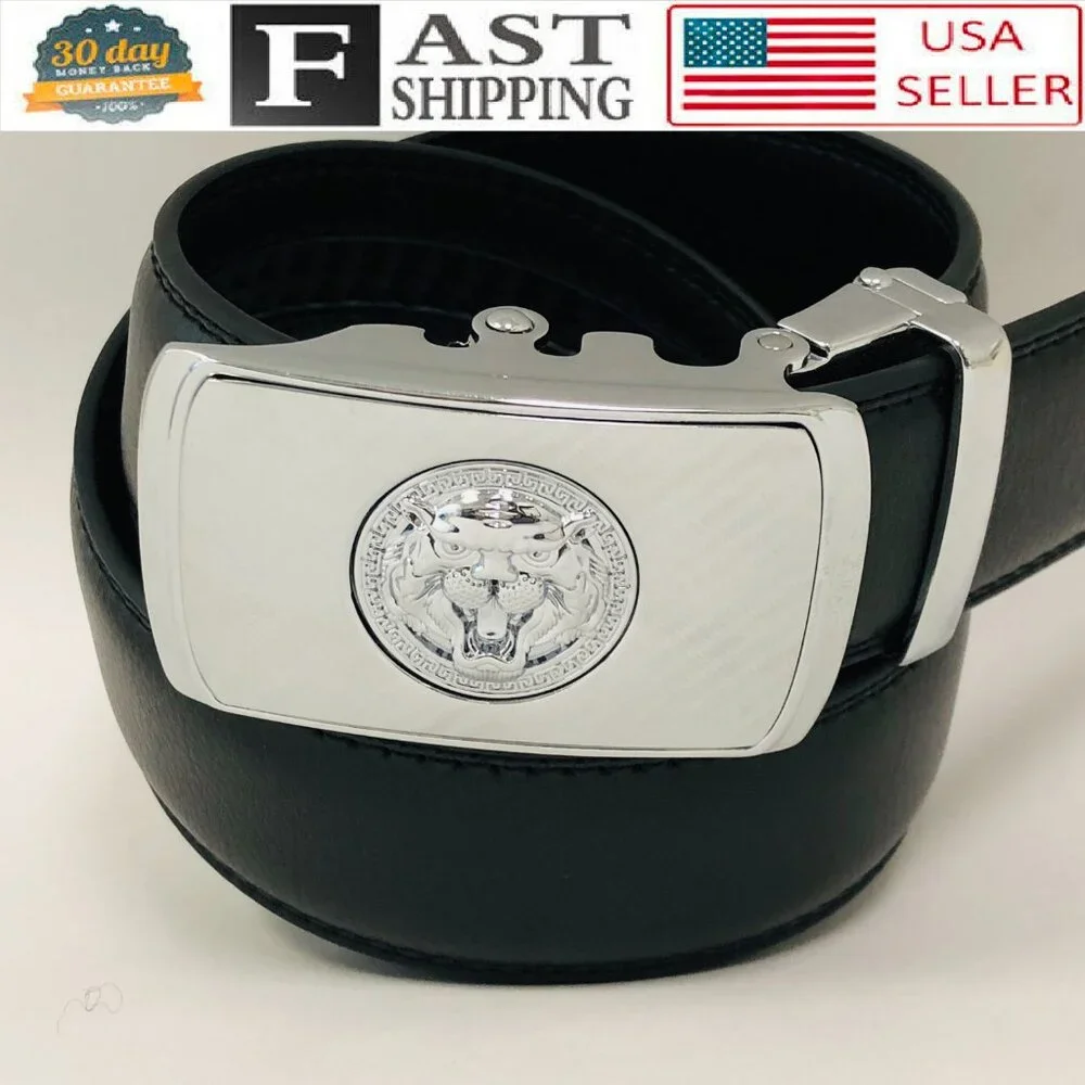Black Leather Belt Automatic Silver‎ Lion Head Buckle Slide Belts No Hole Dress